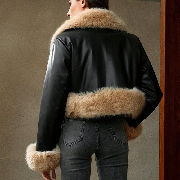 Black Casual Women's Faux leather Faux Fur Coat - Picture 2 of 7